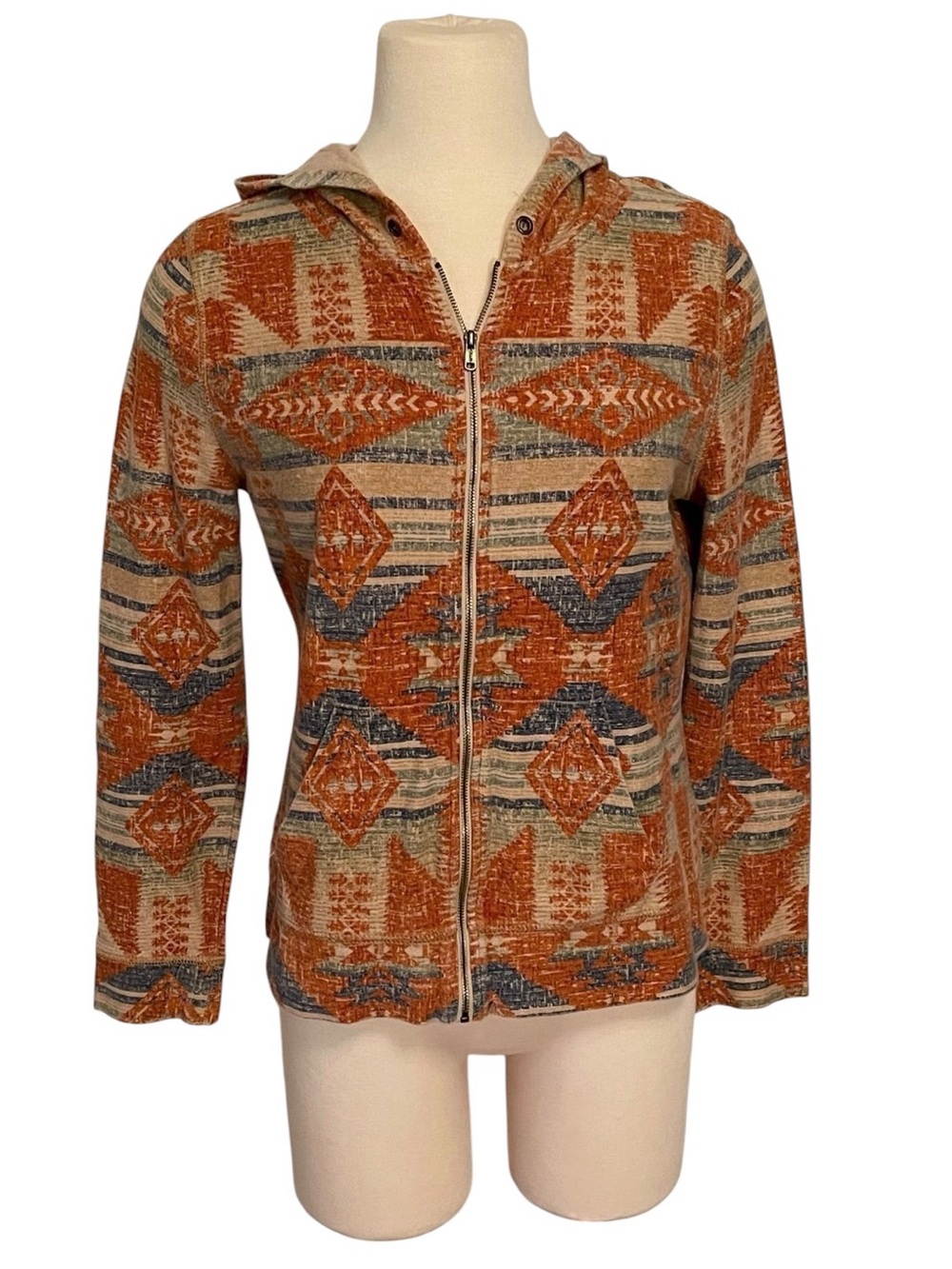 Chaps Boho Aztec Zip-Up Hoodie in Rust & Navy